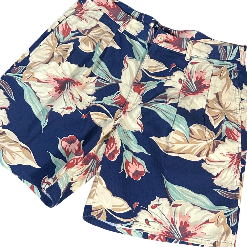 Polo Ralph Lauren Shorts Mens 38 Navy Vintage 80s Floral Pleated Made in USA
